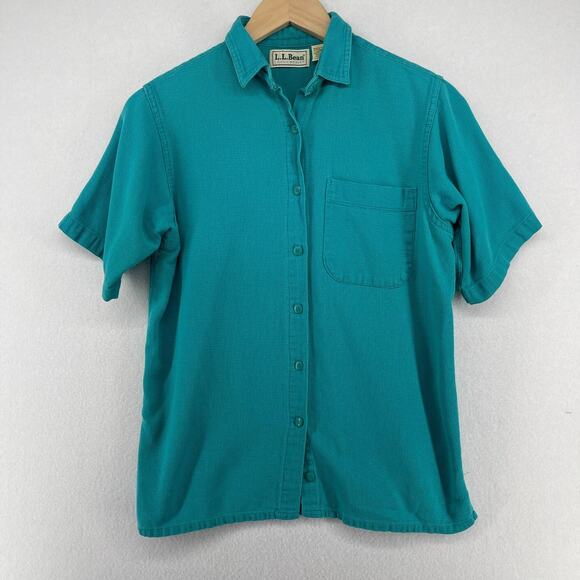 LL BEAN Top Womens S Cool Weave Short Sleeve Button Up Woven Green USA Vintage - Picture 1 of 12